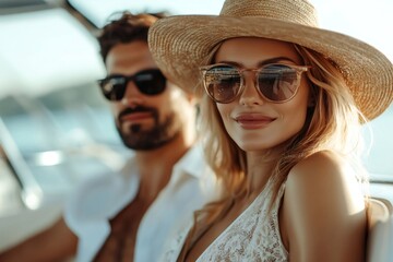 elegant couple wearing sunglasses enjoying a luxury yacht trip