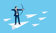 © tiquitaca - 紙飛行機の上で弓を引くビジネスマン、マーケティングのイメージイラスト、ベクター