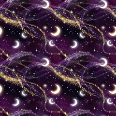 Wall Mural - Celestial Moon and Stars Mystical Seamless Pattern on Dark Purple
