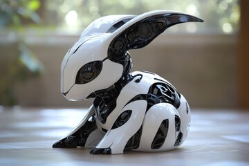 Poster - White and black futuristic robot bunny resting on table