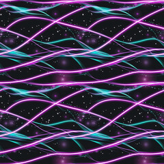 Wall Mural - Mystic Seamless Pattern with Glowing blue and purple Neon Lines against a starry sky