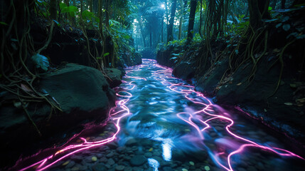 Poster - Glowing Pink Stream in a Lush Forest