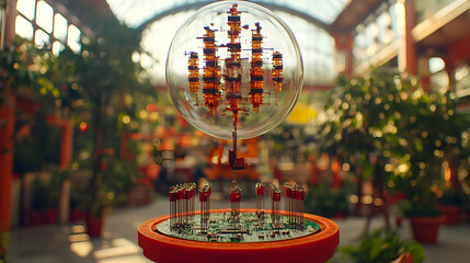 Glass sphere with intricate internal structure, displayed on orange base in a greenhouse setting.