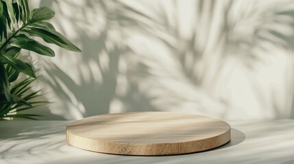 Fototapete - Empty round wooden podium on table illuminating by sunlight with green plant and shadow overlay creates a calming and organic backdrop for product placement