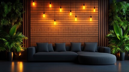 Poster - A modern living space featuring a dark sofa, wooden wall, warm pendant lights, and lush greenery for a cozy ambiance.