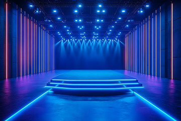 Sticker - A 3D blue showroom interior with neon LED lights and a dark abstract studio stage creates an empty television hall perfect for a dance party or concert, providing a dynamic background for stock photos