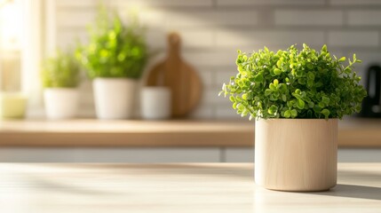 Aufkleber - Sunlight streams into a kitchen, illuminating a potted plant on a wooden table, creating a warm and inviting atmosphere, with other plants and kitchenware blurred in the background