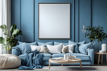 Wall Mural - in blue room, a frameless picture hangs over sofa and bedside tables, serving as a mockup for genera