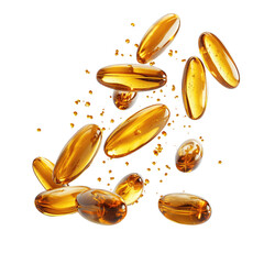 Vitamin capsules with drops on white or transparent background