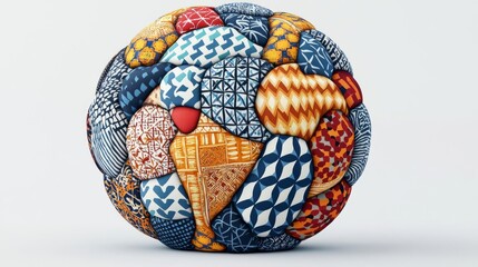 A colorful handcrafted soccer ball with unique patterns.