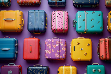 Sticker - In soft morning light of a sunny day, a wide-angle view captures vibrant array of trendy suitcases arranged in a flat lay pattern against a rich purple background, evoking a sense of wanderlust and a