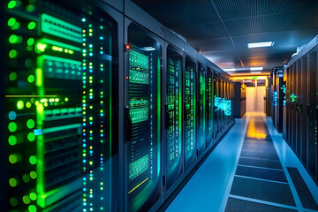 Wall Mural - a high-tech data center is depicted in a stock photo with a server room featuring rows of servers an