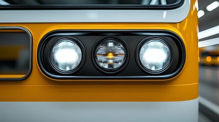 Wall Mural - Close-up of three circular headlights on a vehicle, featuring two bright white lights and one amber light, set against a minimalistic background