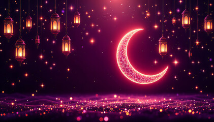 Wall Mural - A glowing crescent moon with a wireframe design in vibrant pink, surrounded by twinkling stars and floating lanterns. The background is a deep purple, creating a mystical atmosphere with sparkling 