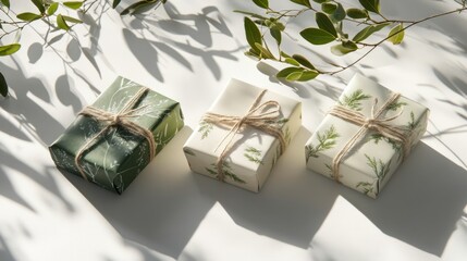 Three eco-friendly gifts wrapped in green and beige paper with twine,  placed on a white surface with plant shadows.