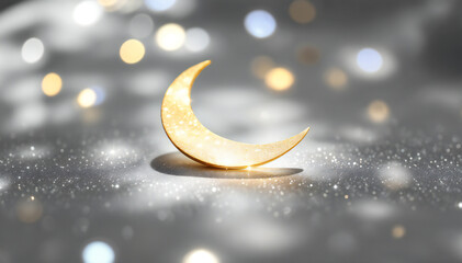 Wall Mural - A golden crescent moon shape resting on a soft, shimmering surface. The background features a bokeh effect with soft, out-of-focus lights in various shades, creating a magical atmosphere . 