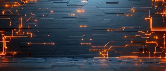 A digital background featuring glowing orange circuit lines on a dark surface, suggesting a high-tech or futuristic theme.