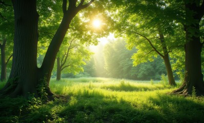 Poster - Sunlight streaming through lush green trees