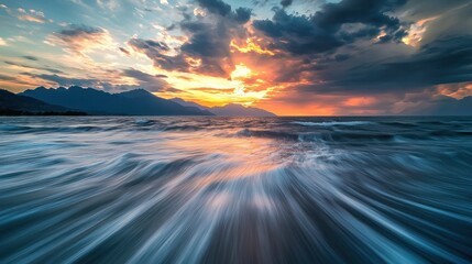 Wall Mural - Majestic Sunset Over Coastal Mountains: Serene Ocean Waves at Golden Hour