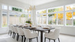 © Alexandra Adele - Elegant formal dining room with a long dark wood table and ample natural light throughout the space