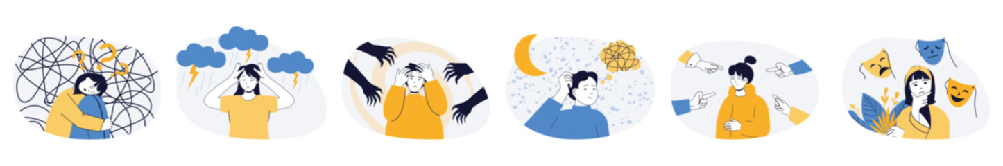 Aufkleber - Mental health problem concept set in flat web design. Collection with people feeling negative emotions and stress with nervous trouble, suffering depression. Vector illustrations on white background.