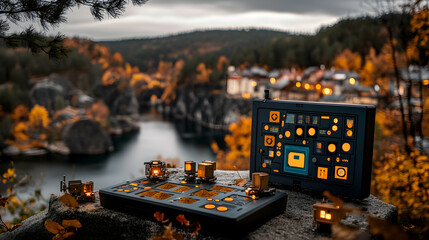 Autumnal landscape with electronic devices.