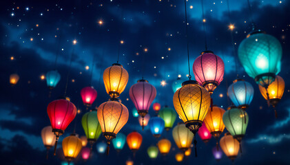 Wall Mural - Colorful lanterns of various shapes and sizes hanging against a night sky filled with stars. The lanterns are illuminated in shades of orange, pink, blue, and green, creating a vibrant and festive a