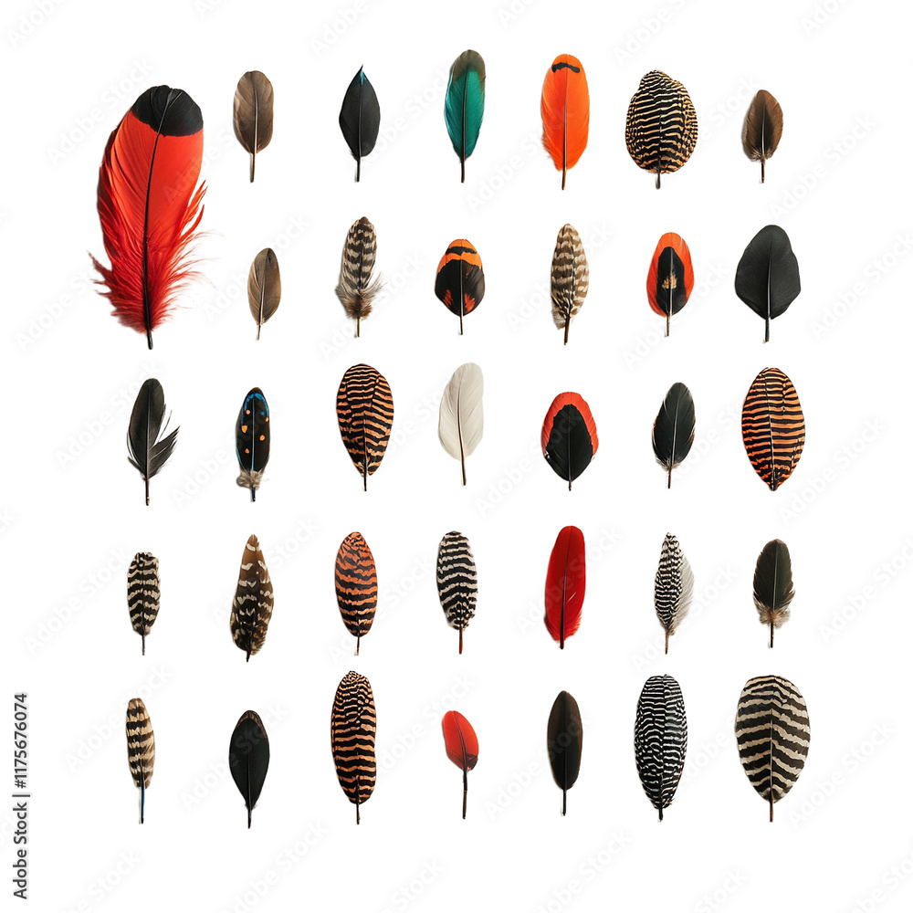 a collection of different colored feathers arranged in a row on a ...