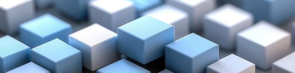 Wall Mural - Floating tech blocks in soft blue and white, sleek design over a matte gray surface, modern aesthetics, minimalist appeal