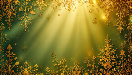 Wall Mural - Golden snowflakes and branches against a soft green background with rays of light shining through.