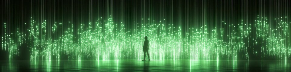 Wall Mural - glowing green networks, minimalist design featuring luminous digital pathways, creating an ethereal 