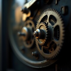 The image is a close-up of a mechanical gear with intricate details, captured in a dimly lit setting.