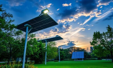 Wall Mural - Photovoltaic public lighting in a park innovative solar panel innovation power electricity energy technology panel renewable