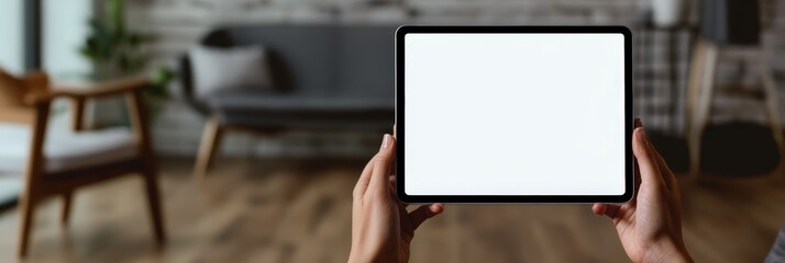 Wall Mural - close up of female hands holding digital tablet with blank white screen while sitting on comfortable