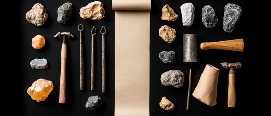 A flat lay of various geological tools and rocks, showcasing hammers, chisels, and a parchment scroll on a dark background.