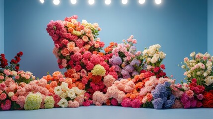 creative floral display with bold geometric shapes made of flowers highlighted under bright shop lights