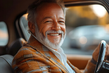 Sticker - On a sunny summer morning, a wide-angle view captures cheerful mature man in classic wear, sitting comfortably in his car, engaged in a lively conversation with a client, exuding confidence and profe