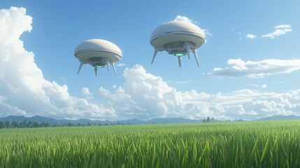 Two futuristic spacecraft hover above a lush green rice field under a bright blue sky with fluffy clouds, blending nature and technology.