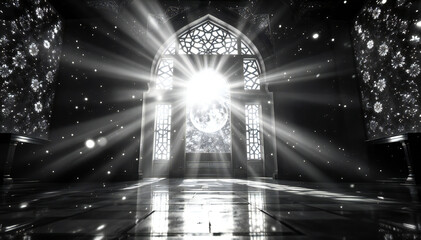 Wall Mural - A majestic cathedral interior with a large stained glass window emitting a bright heavenly light. The floor is reflective, creating a serene and ethereal atmosphere. The architecture features intrica.