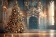 © Сергей Захаров - ornate christmas tree decorated with intricate metallic ornaments standing in grand indoor setting