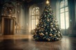 © Сергей Захаров - ornate christmas tree decorated with intricate metallic ornaments standing in grand indoor setting