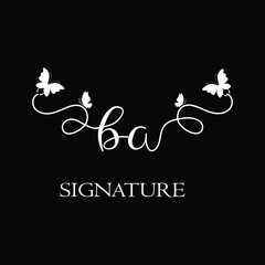 BA handwritten initial letter, BA simple signature vector logo with butterfly shape variation, beauty, photography letter logo design. B A