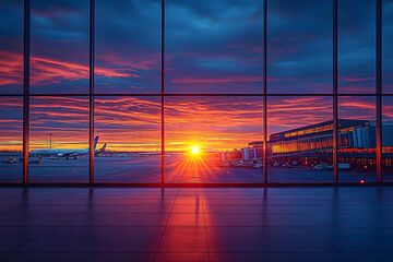 Wall Mural - as sun sets in a blaze of vibrant colors, airport terminal comes alive with a bustling energy, captu