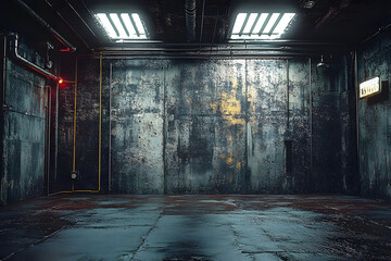 Wall Mural - a 3d-rendered dark, grungy industrial basement room with a low-key white light background texture pr