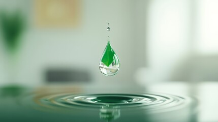 Poster - Crystal clear water drop reflecting a vibrant green leaf hangs above a still surface, creating gentle concentric ripples that symbolize nature's interconnectedness