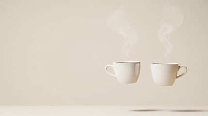 Poster - Two steaming white coffee cups are levitating on a beige background, creating a surreal and inviting atmosphere perfect for coffee lovers and those seeking a touch of magic