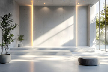 Wall Mural - A 3D rendering of a spacious white concrete interior featuring a podium and linear lamps mounted on wall