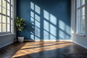 Wall Mural - a 3d rendering of a modern, scandinavian-style interior with wood flooring and a blue wall creates a
