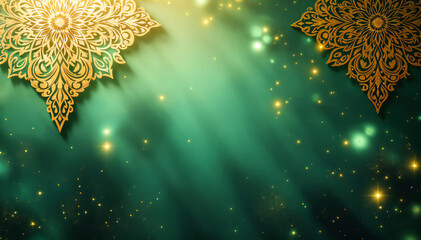 Wall Mural - A fantasy background with golden ornate floral elements on a dark green gradient with glowing sparkles and lights.