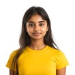 © ruangrit19 - Confident and Elegant Young Indian Woman Smiling in Yellow T Shirt Against White Background